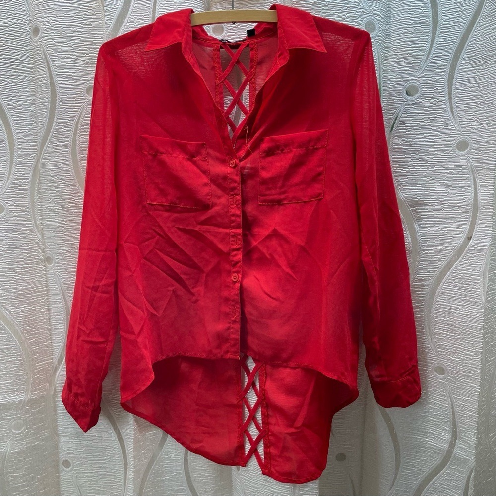 Dex 1963 Red Sheer Crisscross Back Button Up Shirt Blouse‎ Small S